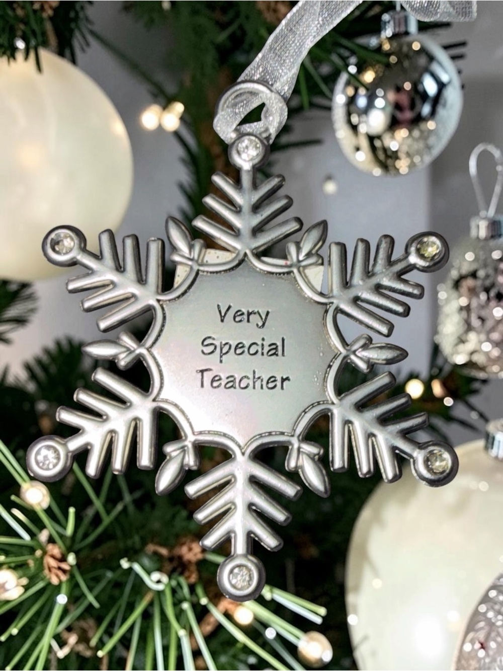 Very Special Teacher Silver Snowflake Christmas Ornament